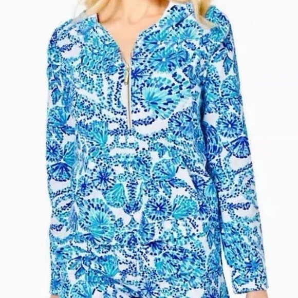Lilly Pulitzer UPF 50+ Skipper Popover Turquoise Oasis Shell Me You Love Me XL - Picture 1 of 8